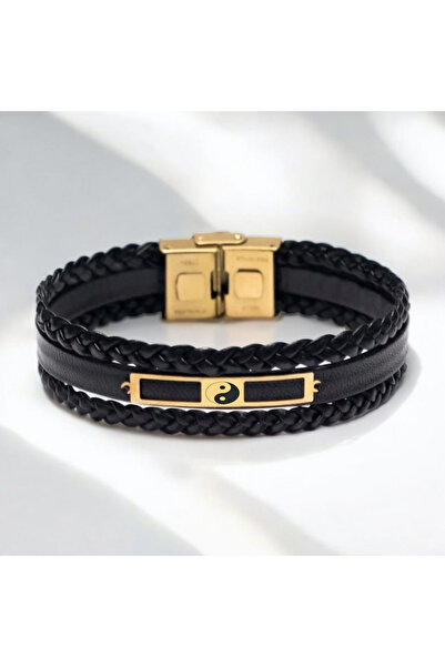 ARCHINO GOLD 14 Ayar Plakalı Altın Erkeklere Özel Derili Dikdörtgenli Yin Yan...