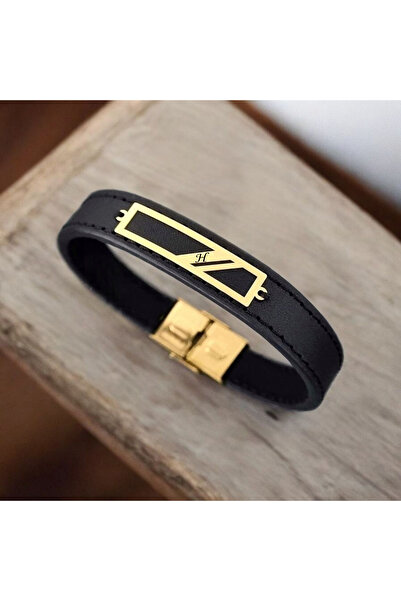 ARCHINO GOLD 14 Ayar Altın Plakalı H Harfine Özel Hakiki Siyah Derili Dikdörtgen Motifli Hediye Bileklik-446harf
