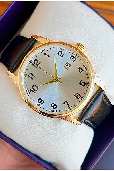 Weluxa Gold Color Case Silver Color Dial Leather Band Classic Men's Wristwatch with Calendar