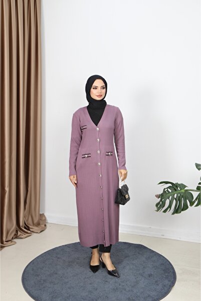 NİSUM MODA Mercerized Long Cardigan with Pocket Detail