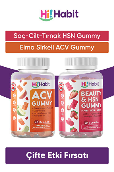 Hi Habit Hi! Habit ACV & HSN Gummy Elma Sirkesi, Nar Ekstresi, Folik Asit & S...