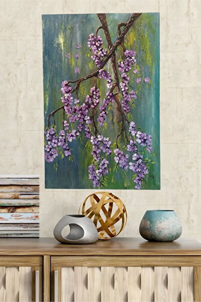 %100 EL YAPIMI  TUVAL ÜZERİ YAĞLI BOYA 60X40 “BAHAR DALI" MOR ÇİÇEKLER TABLO