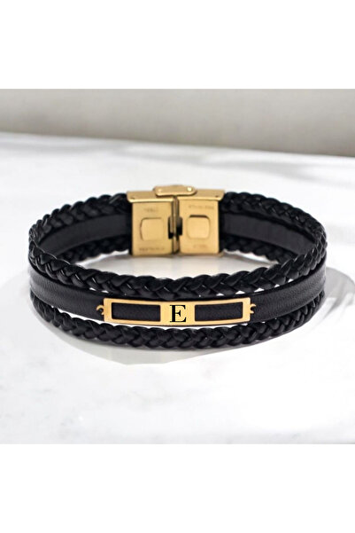 ARCHINO GOLD 14 Ayar Plakalı Altın Erkeklere Dikdörtgen Motifli Derili E Harf...