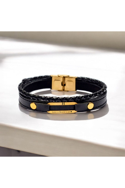 ARCHINO GOLD 14 Ayar Plakalı Altın Aşkı Yansıtan Oval Motifli Derili Erkeklere Özel Harf Bilekliği-391harf-siyah