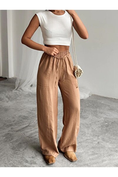 mydukkan.co Beliner Linen and Waist Detailed Trousers Mink