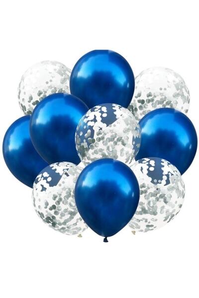 Parti dolabı 10 Mavi Konfetili Balon Seti (5 Metalik Mavi Balon, 5 Şeffaf Balon 10gr Gümüş Balon Konfetisi)