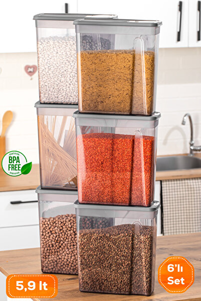 Porsima Org-451-Gr 6lı Sandy Mega Boy Hava Geçirmez Deterjan Saklama Kabı Erzak Saklama Kabı Seti Gri 5,90Lt