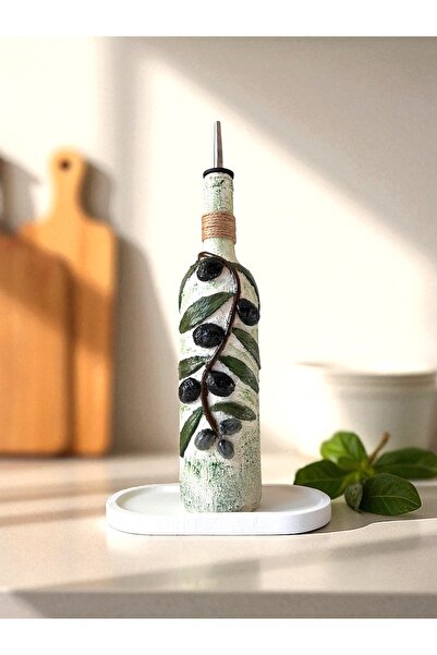 Mes Reves Olive Branch Patterned Ceramic Glass Bottle - Embossing and Oil Pot, Kitchen Decor