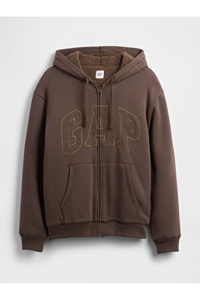 GAP Erkek Kahverengi Relaxed Logo Sherpa Astarlı Fermuarlı Sweatshirt