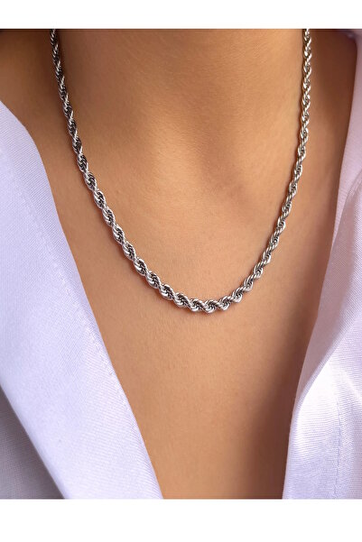 CAŞ DEKORASYON Silver Color Chain Detailed Steel Necklace