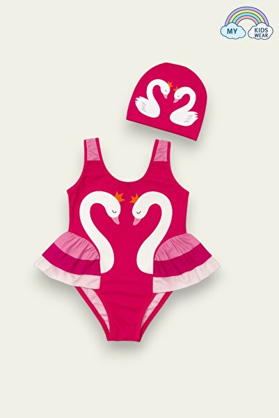 My Kids Wear Zarif Kuğu Desenli Üç Kat Fırfır Detaylı Boneli Kız Çocuk Mayo