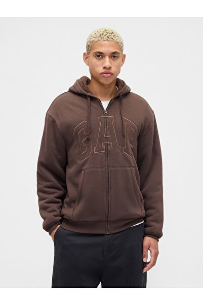 GAP Erkek Kahverengi Relaxed Logo Sherpa Astarlı Fermuarlı Sweatshirt