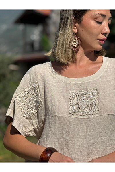 Punta Otantik Nc61130 Italian Back Mesh Laced Linen Blouse Cream