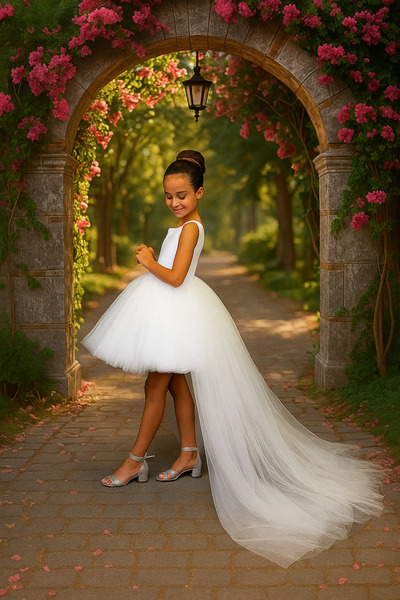 miço kids Kız Çocuk Ön kısa Arka Uzun Kuyruklu BEYAZ Saten Balo Parti Mezuniyet Elbise