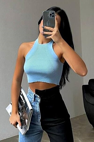 lovebox Bluză de damă, albastră, cu cravată cu gât, tricotaj, 7012