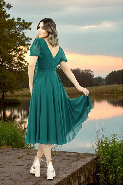 FaBe Fashion KISA KOLLU KOL UCU LASTİKLİ KRUVAZE YAKA MİDİ ŞİFON NİKAH NİŞAN SÖZ ELBİSESİ