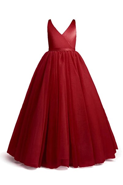 miço kids Kız Çocuk Kırmızı Doğum Günü Parti Elbisesi