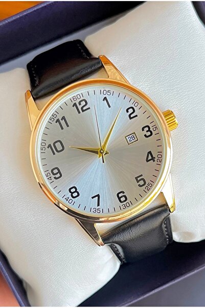 Weluxa Gold Color Case Silver Color Dial Leather Band Classic Men's Wristwatch with Calendar