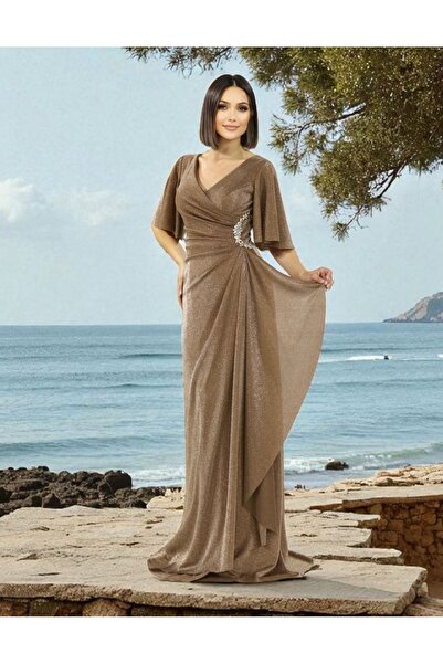 FaBe Fashion KISA VOLAN KOLLU KRUVAZE YAKA BELİ TAŞ AKSESUARLI SİMLİ ÖRME ABİYE ELBİSE