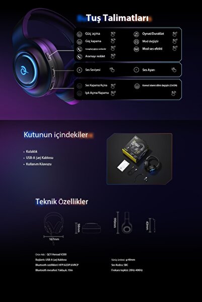 QCY Heroad V200 Rgb 7.1 USB Wired Gaming Headset Black