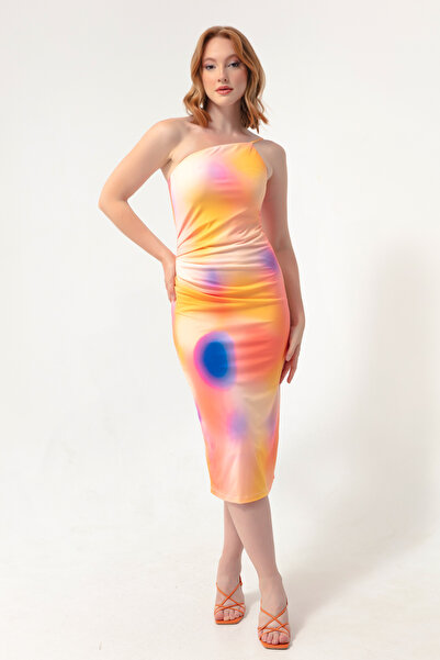 Lafaba Women's Orange Batik Pattern One Sleeve Dress