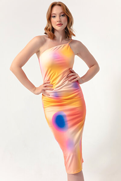 Lafaba Women's Orange Batik Pattern One Sleeve Dress