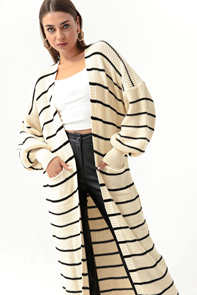 Lafaba Γυναικεία πλεκτή ζακέτα με μακρύ μανίκι εκρού