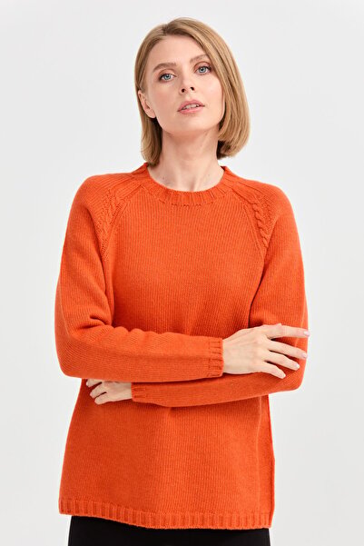 Desen Triko Kadın Sıfır Yaka Omzu Saç Örgülü Yün Kazak Portakal