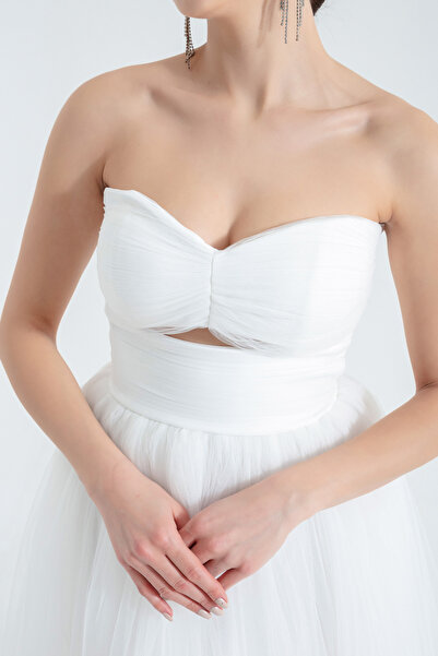 Lafaba Dámské bílé tylové večerní šaty bez ramínek