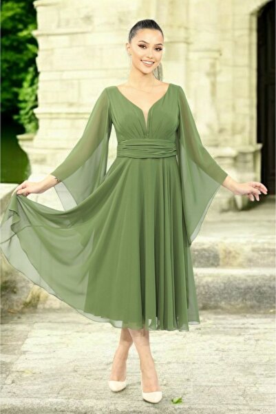 FaBe Fashion Uzun Volan Kollu Kalp Yaka Beli Büzgülü Midi Beyaz Şifon Elbise Nikah-nişan-söz-dış Çekim