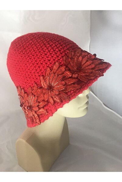 drt tasarım El Örgüsü Kloş Şapka Çiçek Detaylı Kırmızı