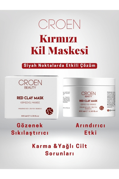 Croen Beauty Kırmızı Kil Maskesi | Gözenek Sıkılaştırıcı | Siyah Nokta ve Yağ Karşıtı, 100 ml