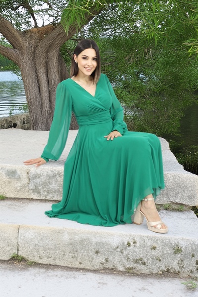 FaBe Fashion Uzun Kollu Kruvaze Yaka Midi Şifon Elbise