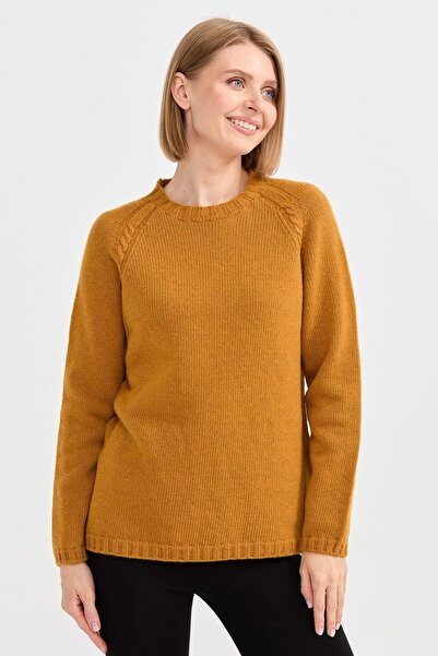 Desen Triko Women's Crew Neck Shoulder Braided Wool Sweater Mustard
