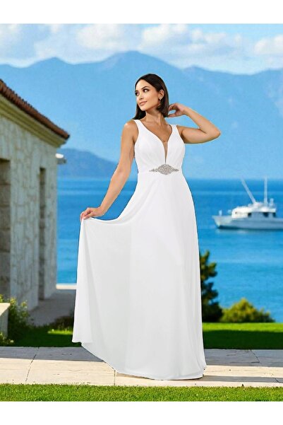FaBe Fashion KALIN ASKILI DRAPELİ BELİ TAŞ AKSESUARLI BEYAZ ŞİFON NİKAH ,NİŞAN ve Dış Çekim Elbisesi