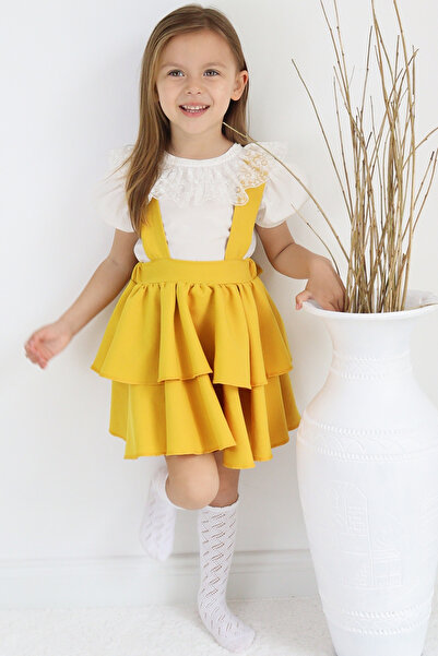 Parla Kids Kız Çocuk Helen Sarı Askılı Bağlama Jile 29 Ekim Elbise Ekru Dantel Kısa Kollu Bluz Abiye Takım