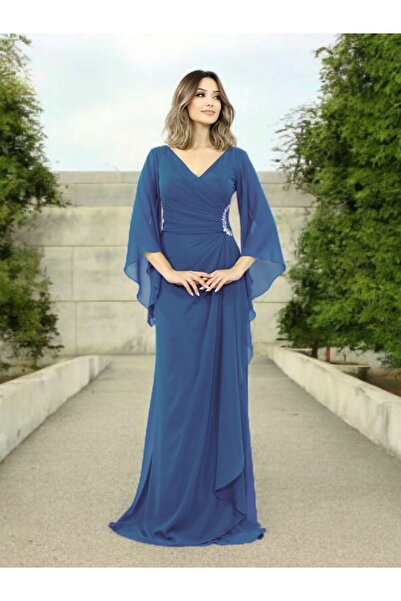 FaBe Fashion Uzun Şal Kollu V Yakalı Beli Taş Aksesuarlı Beyaz Şifon Nikah Nişan Söz ve Dış Çekim Elbisesi