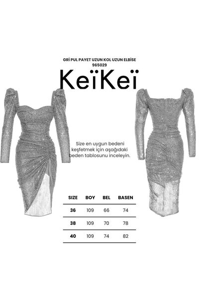 Keikei Gri pul payet uzun kol uzun elbise