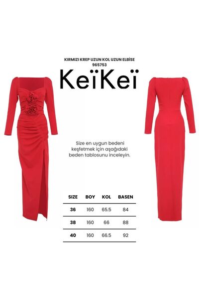 Keikei Kırmızı krep uzun kol uzun elbise