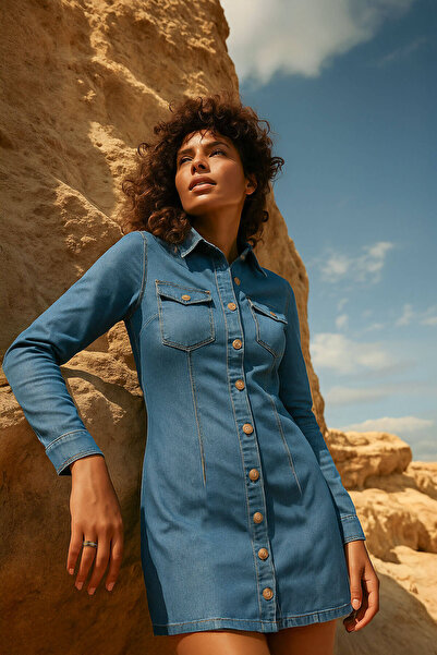 Bluewhite Women's Long Sleeve Buttoned Jean Dress Light Blue