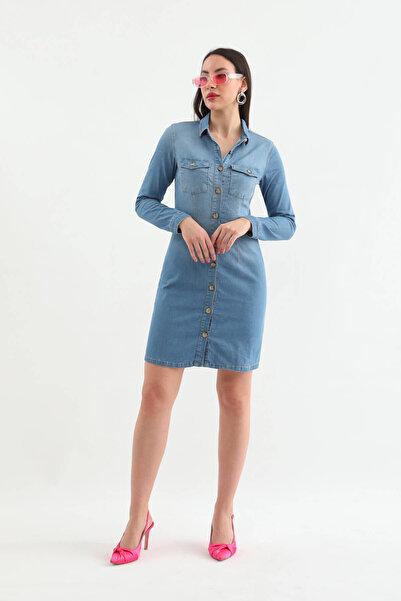 Bluewhite Women's Long Sleeve Buttoned Jean Dress Light Blue