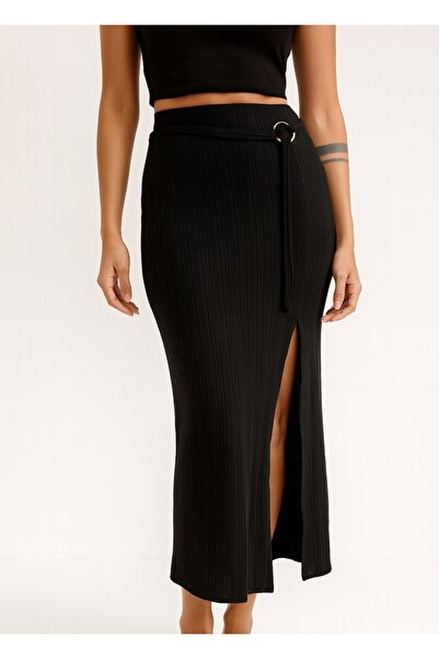 Cherry Lane Fusta neagră din tricot cu detaliu cu inel