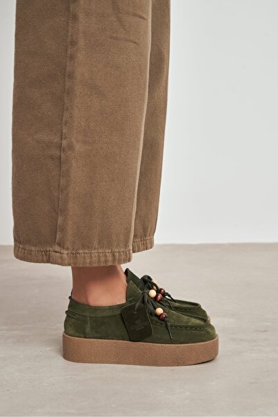 NİŞANTAŞI SHOES Jewel Haki Süet Hakiki Deri Bağcık Detay Kadın Loafer Ayakkabı
