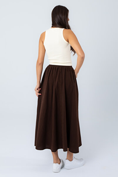Suzella Women's Bitter Brown 100% Cotton Linen Pocket Skirt