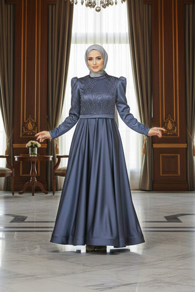 Neva Style فستان سهرة حجاب من الساتان الأنثراسايت مطرز بالخرز 23191ant