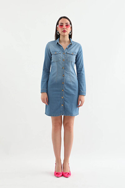 Bluewhite Γυναικείο μακρυμάνικο τζιν φόρεμα με κουμπιά γαλάζιο