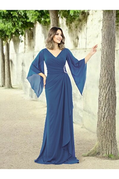 FaBe Fashion Uzun Şal Kollu V Yakalı Beli Taş Aksesuarlı Beyaz Şifon Nikah Nişan Söz ve Dış Çekim Elbisesi