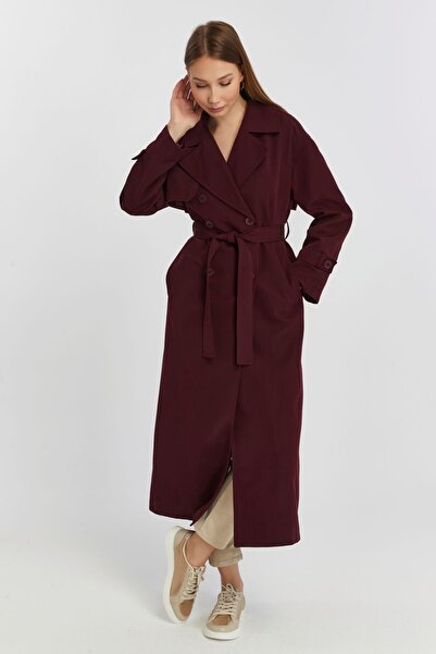 Bolivente Burgundy Oversize Windbreaker Detailed Trench Coat