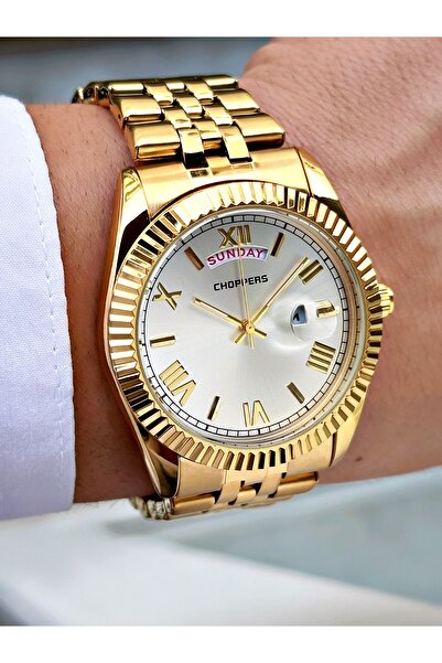 Weluxa Gold Color Silver Dial Calendar Steel Band Men's Wrist Watch