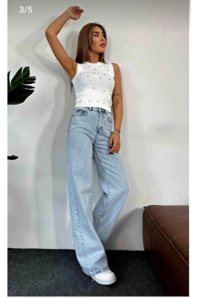 TRENDNATUREL Aqua Açık Kar Yıkama Mavi Süper Extra Yüksek Bel Palazzo Salaş Jean Pantolon